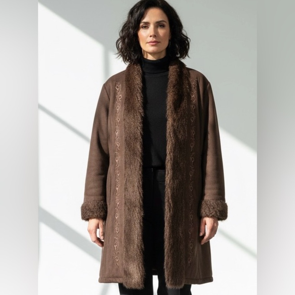 Anne Klein brown coat, faux fur trim around, suede feel, hook & eye closure, 1X